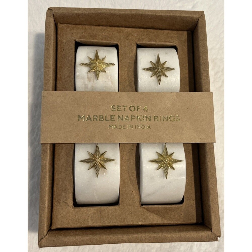 NEW (4) Marble Dinner Napkin Rings w/Gold Starburst Embellishments Unique Heavy
